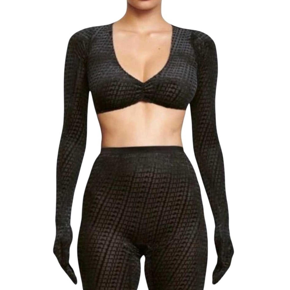 NEW SKIMS 4X Black Velvet Burnout Mesh Crop Top Gloves Goth Club Alt Consign
